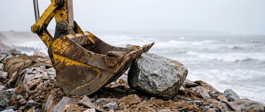 Excavator bucket lifting large rock on coastal shoreline during beach construction and erosion control