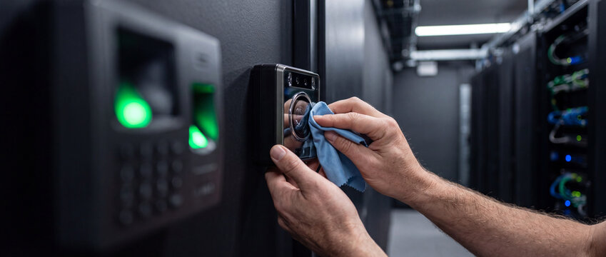 Technician cleaning biometric access control reader in secure data center server room maintenance