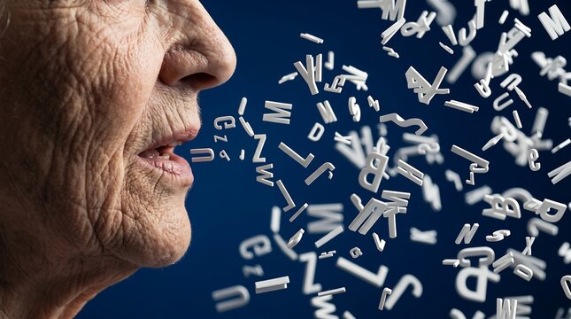 Close up of senior person talking with floating alphabet letters