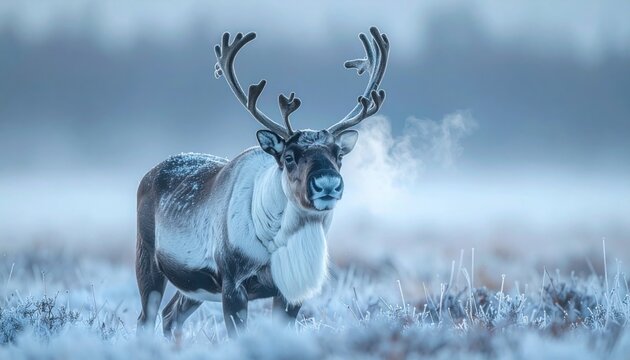 Reindeer standing in frosty tundra with winter breath and antlers