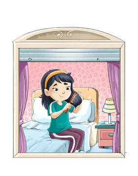 Scene of a little girl brushing her hair while sitting on her bed, children's illustration