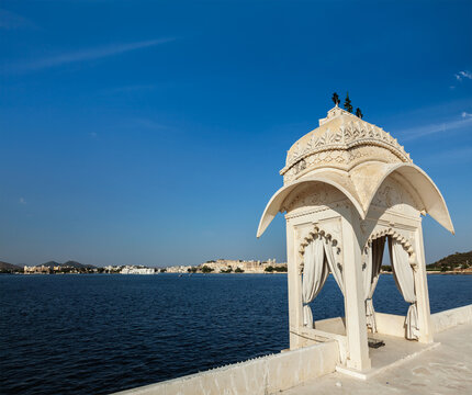 Scene featuring lake Pichola. Udaipur, Rajasthan, India