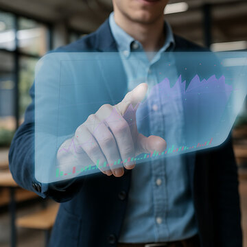 A focused individual presenting information in a quiet library environment.