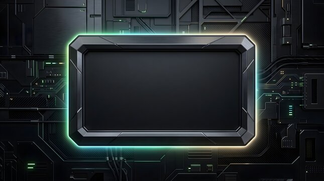 Futuristic metal rectangular frame featuring glowing green light accents set against a dark complex mechanical background with intricate electronic circuitry and high tech industrial details