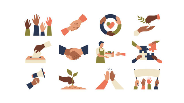 Set of diverse human hands showing unity and teamwork with people holding hands and puzzle pieces for community support