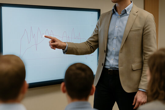 A speaker delivers a presentation to an attentive audience in a well-lit.