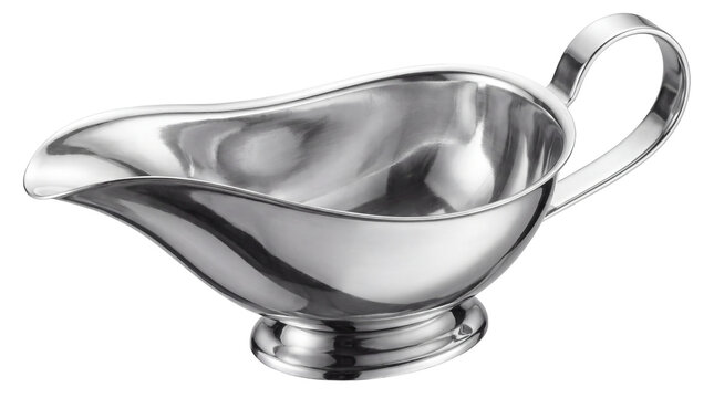 Polished stainless steel gravy boat, elegant silver sauce boat with handle, classic metal creamer for fine dining and holiday table service isolated PNG with Transparent Background