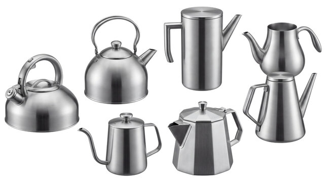 Stainless steel kettle collection, modern metal teapots and coffee carafes, 7 pieces of silver kitchenware for home brewing isolated PNG with Transparent Background