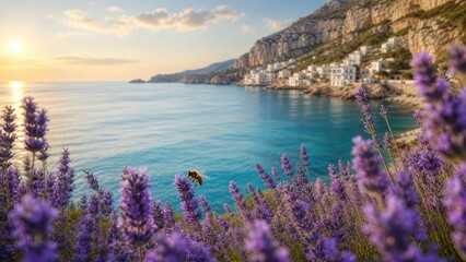 Obraz premium A breathtaking coastal view adorned with vibrant flowers at sunset provides a picturesque scene by the tranquil water in a truly scenic location