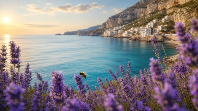 A breathtaking coastal view adorned with vibrant flowers at sunset provides a picturesque scene by the tranquil water in a truly scenic location