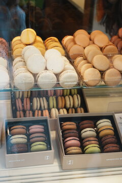 Colorful French Macarons Display in Paris Patisserie