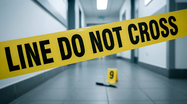 Yellow police tape with line do not cross text stretching across a crime scene with a knife evidence marker on the floor of a narrow office hallway