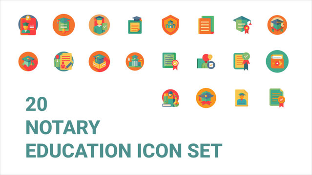20 Notary Education Flat Icons Set. Certificate Attestation, Academic Legal Documents, Degree Verification, and Legalization Vector Illustration Collection