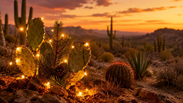 Desert Christmas Cactus Decorated with Glowing String Lights and Pine Sprig at Sunset &ndash; Festive Southwest Holiday Landscape with Saguaro Cactus and Mountains
