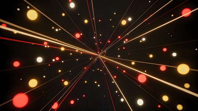 Abstract burst of glowing light particles in red and yellow radiating outward on cosmic background