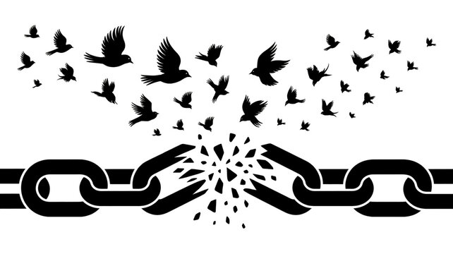 A black and white illustration of a broken chain transforming into a flock of birds representing freedom and liberation