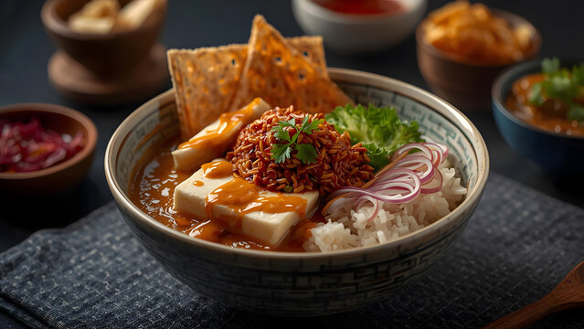 Savory Tofu and Rice Bowl with Spiced Topping and Crispy Crackers