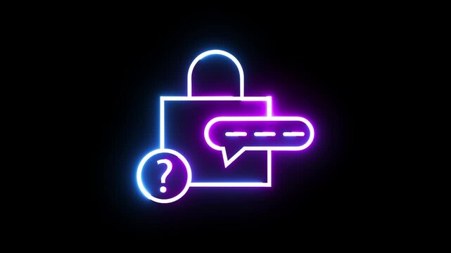 Neon padlock with question mark and message bubble glowing on black background motion clip.