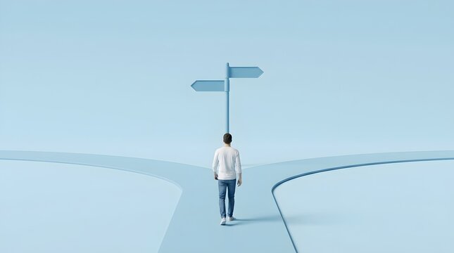 Young man walking towards a directional sign post, choosing between two diverging paths on a clean blue background representing a life decision process