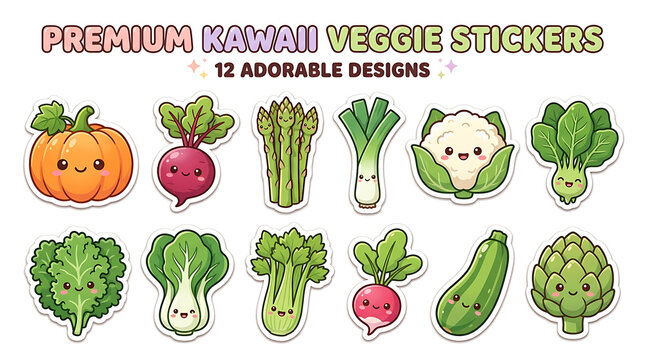 Set of twelve cute kawaii style vegetable stickers with happy faces and vibrant colors.