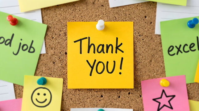 Yellow sticky note with Thank You written on it pinned to a cork board, surrounded by colorful paper notes with positive messages and office symbols