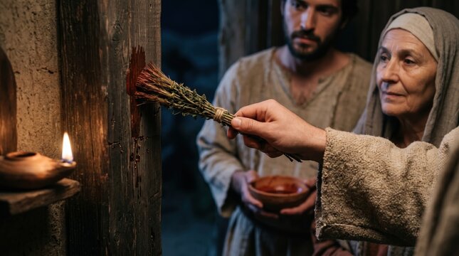 Applying sacrificial blood to the doorpost during Passover. Biblical exodus story of protection. Jewish and Christian religious tradition