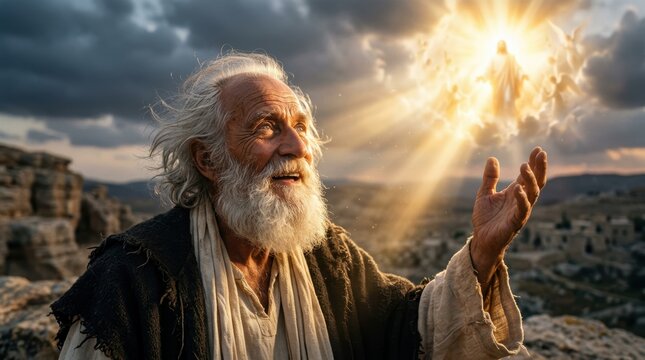 Elderly man looking up at the second coming of Jesus Christ. Biblical revelation scene of Christ returning in glory