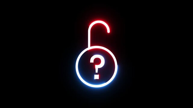 Glowing neon open padlock symbol with question mark icon flickering against black background.