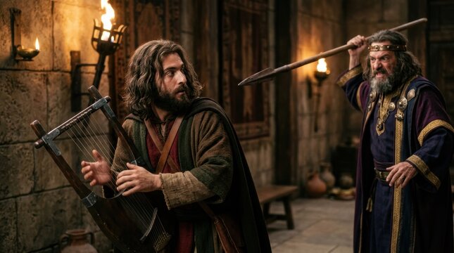 King Saul throwing spear at David with lyre. Biblical scene of jealousy and anger in ancient palace