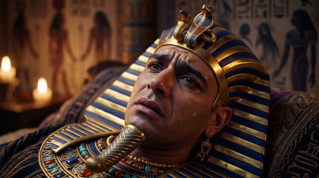Anxious Egyptian Pharaoh lying down in distress. Biblical ruler of Egypt wearing a golden nemes headdress