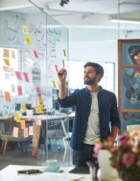 An inspired young male entrepreneur brainstorms innovative business strategies, writing creative ideas on a glass wall filled with sticky notes in a modern office space.