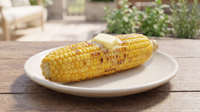 Grilled corn on the cob with melting butter on a plate, representing summer outdoor barbecue and healthy eating