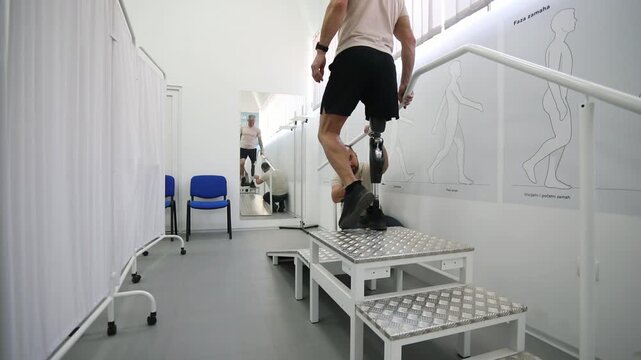 Rehabilitation specialist assists to amputee veteran during rehabilitation exercises