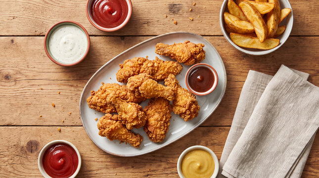 Crispy fried chicken wings and potato wedges served with various dipping sauces on a rustic wooden table