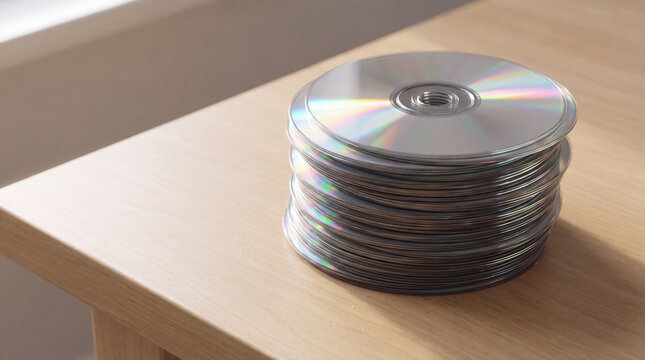 Stacked compact discs reflecting rainbow hues across their glossy surfaces, storing digital data