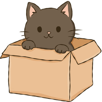 Brown Cat Sitting in Cardboard Box Cute Kitten Pet Package Hand Drawn Doodle Illustration