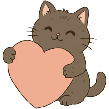 Brown Cat Hugging Pink Heart Cute Kitten Love Valentine Hand Drawn Doodle Illustration
