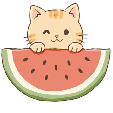 Orange Cat with Watermelon Slice Cute Summer Kitten Tropical Fruit Doodle Illustration