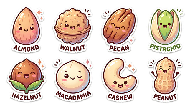 Collection of Cute Kawaii Style Nuts with Happy Faces and Sparkles.