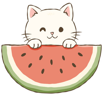 White Cat with Watermelon Slice Cute Summer Kitten Fruit Hand Drawn Doodle Illustration