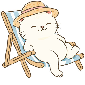 White Cat Relaxing on Beach Chair Wearing Straw Hat Cute Summer Vacation Doodle Illustration