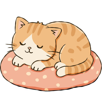 Orange Tabby Cat Sleeping on Pink Cushion Cute Cozy Kitten Hand Drawn Doodle Illustration
