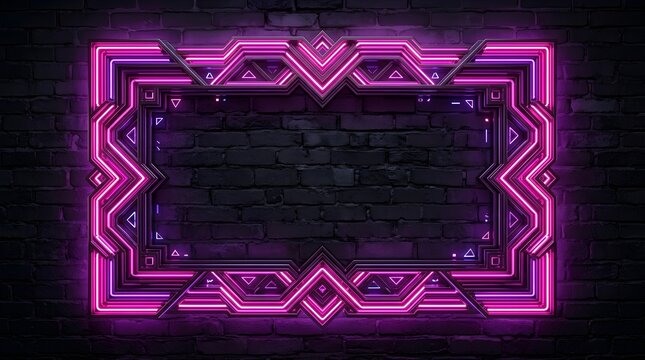 Intricate geometric neon frame glowing with vibrant purple and pink light against a dark textured brick wall background creates a modern stylish decorative digital display