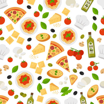Italian food seamless pattern featuring pizza slices, spaghetti, ravioli, cheese, tomatoes, basil, and olive oil on white background. Flat vector illustration for restaurant menu, kitchen decor, packa