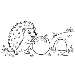 Cartoon hedgehog pushing a large tomato next to its burrow entrance in a grassy field, line art illustration