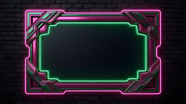 Futuristic neon glowing frame featuring metallic geometric borders with vibrant purple and green light accents mounted upon a dark textured brick wall for modern display purposes.