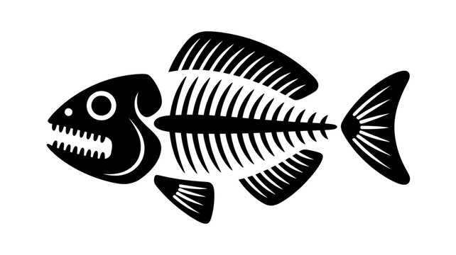 A black and white illustration showing the skeletal remains of a predatory fish shaped in a bold minimalist vector graphic style