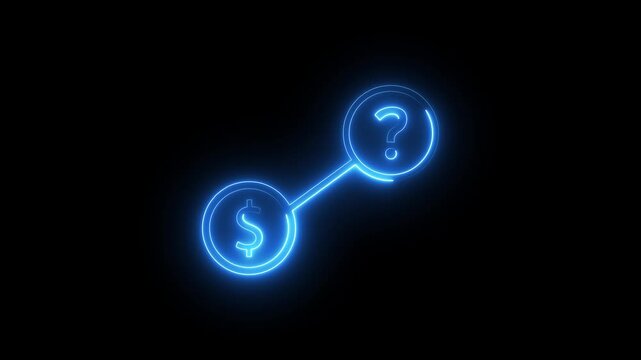 Neon blue dollar sign and question mark connected by line animation on dark background.
