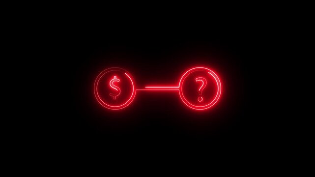 Neon glowing symbol showing a dollar sign connected to a question mark on black background.