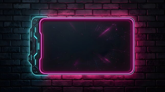 Futuristic digital display frame featuring vibrant neon pink and cyan lights mounted on a dark textured brick wall background suitable for modern high tech advertising